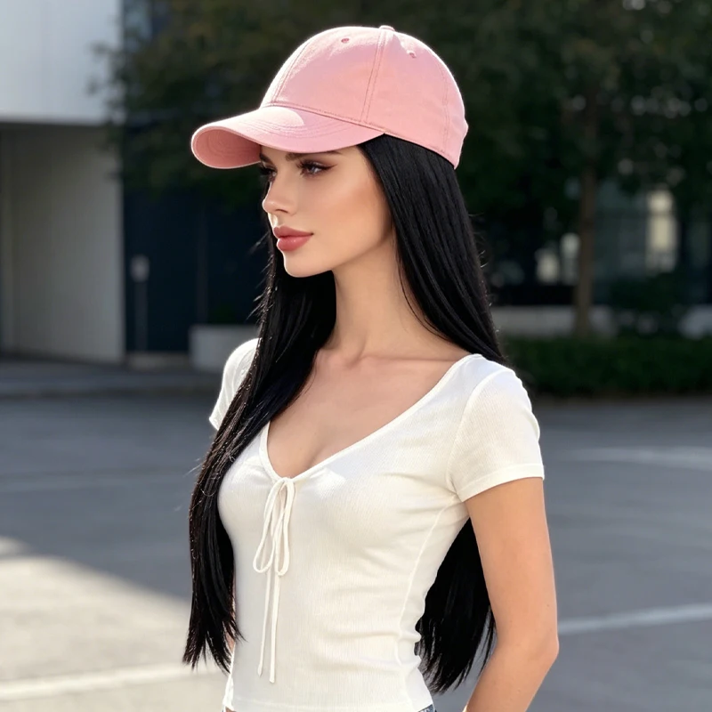 Pink Baseball Cap with Black Long Straight Synthetic Hair Wig – One-Piece Easy Wear for Daily, Travel & Casual Outfits