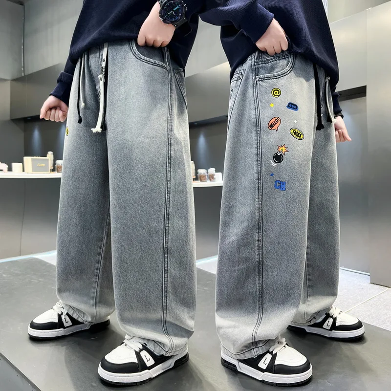 New Kids Designer High Street Fashion Jeans with Embroidery Pattern For Teen Boys Stylish Denim Pants Children Trendy Trousers