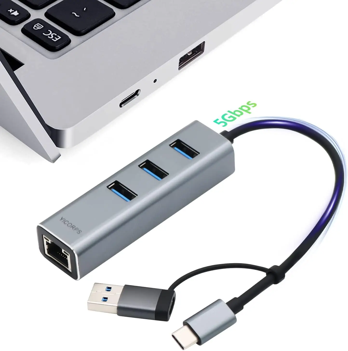 

USB C to Ethernet Adapter, 3 Port USB 3.0 Hub with RJ45 Gigabit LAN, for MacBook/Windows/Chromebook/Laptop