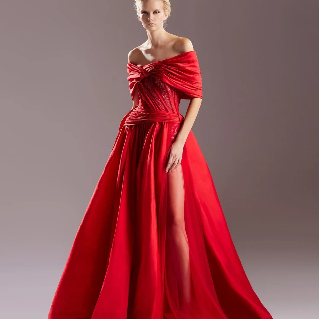 

Customized Exquisite Satin A-Line Off The Shoulder Sequined Evening Dresses Half Sleeves Zipper Back Panel Train Red P