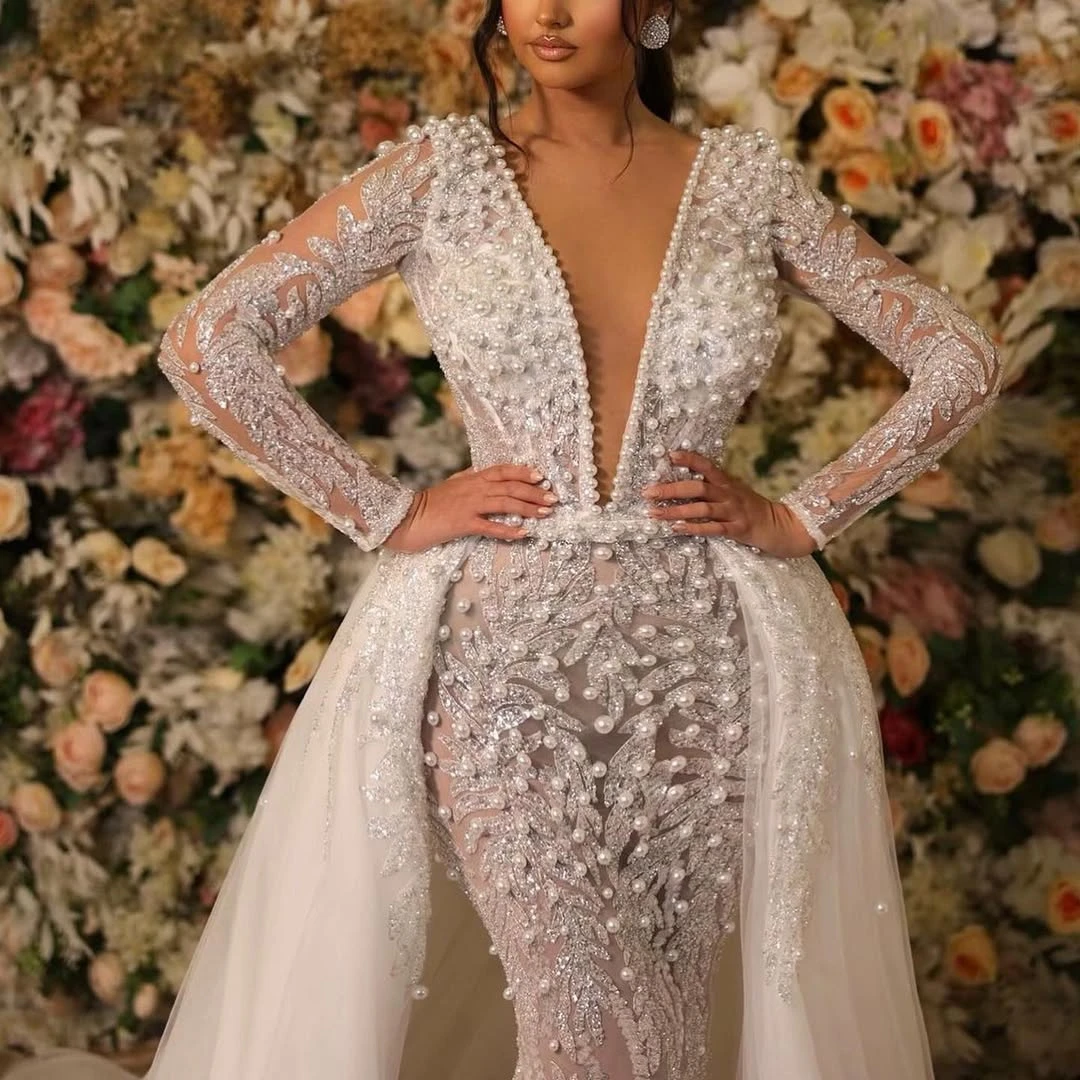Elegant Mermaid Wedding Dresses Sexy Deep V Neck Beads Applique Lace Bridal Gowns Customized Detachable Train Vestidos De Fiesta