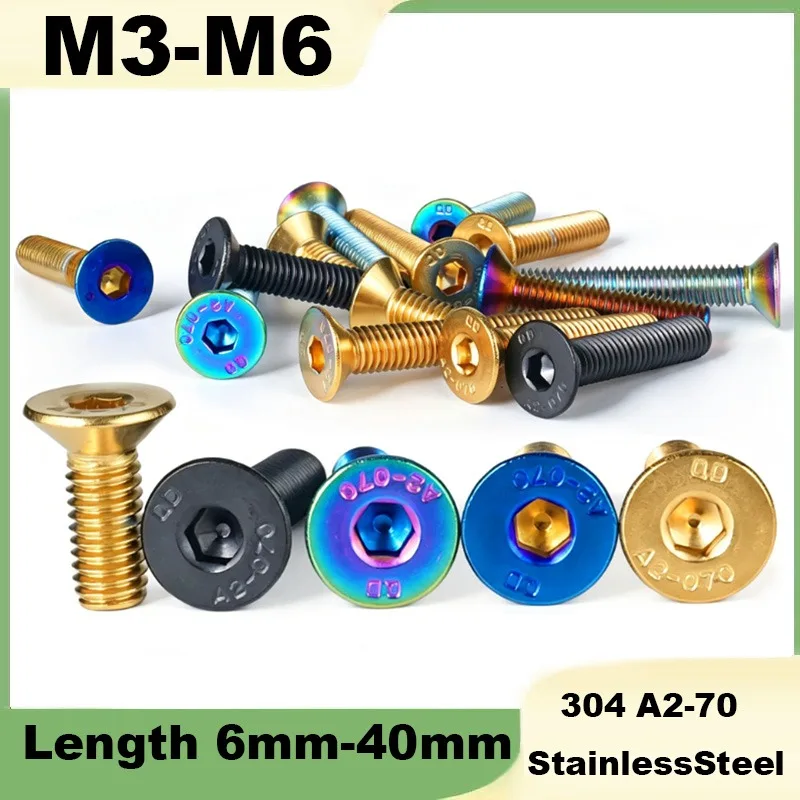 5Pcs M3 M4 M5 M6 304 Stainless steel with PVD Electroplating Black/Rainbow Gloden/Burn Blue Flat Hex Coutersunk Head Screw