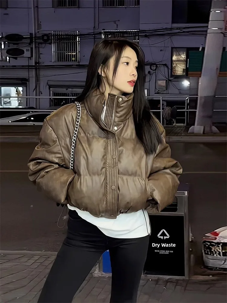 

Женская утепленная куртка из искусственной кожи в уличном стиле, теплая, с воротником-стойкой, хлопковая, зимняя, модная верхняя одежда