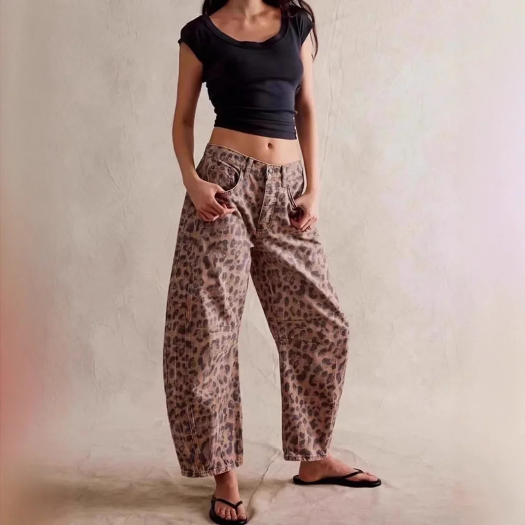 Celana Jeans Wanita High Waist Motif Leopard Model Straight Leg Gaya Musim Gugur Terbaru Desain Cross-Border Trendi dan Kasual
