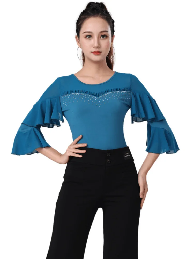 Top de malha transparente com retalhos e mangas de strass com babados, elegante, salão de baile, dança moderna, traje de performance de palco