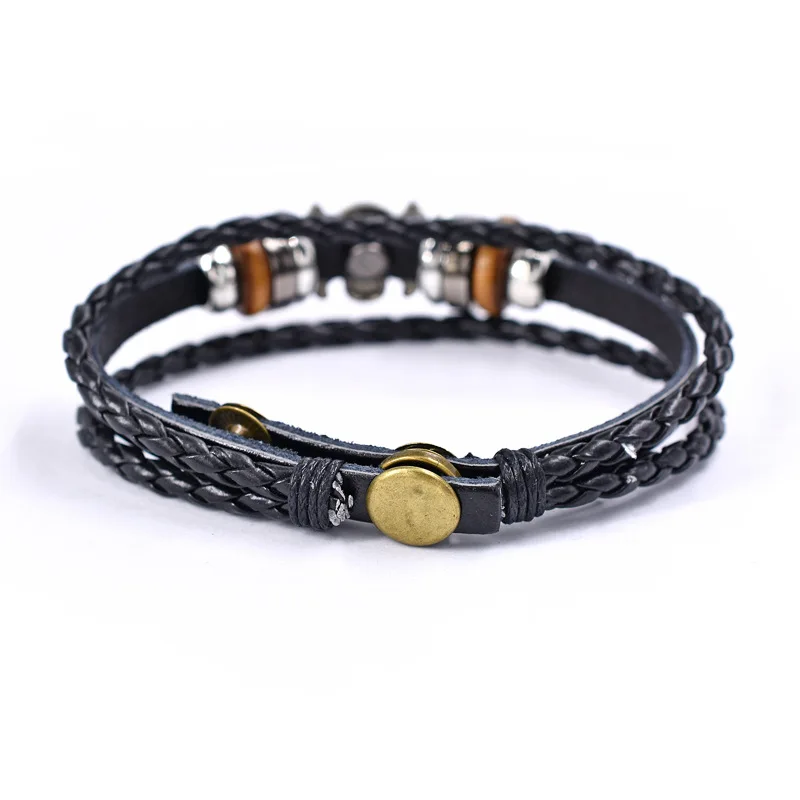 1Pcs One-Pieces Luffy Pirate Bracelet Japan Cartoon Action Figure Toy Punk Black Leather Braided Punk Rock Bangles Bracelet Gift