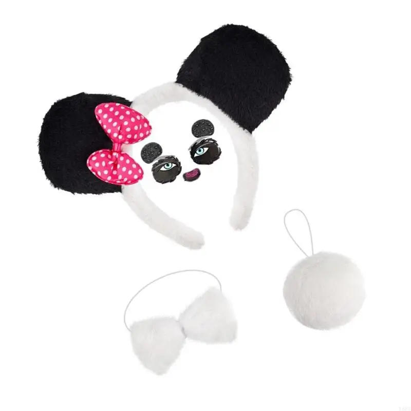 Y88A 팬더 의상 세트 귀 머리띠 테일 보우 티 동물 의상 키트 액세서리 어린이 할로윈 코스프레 파티 소품