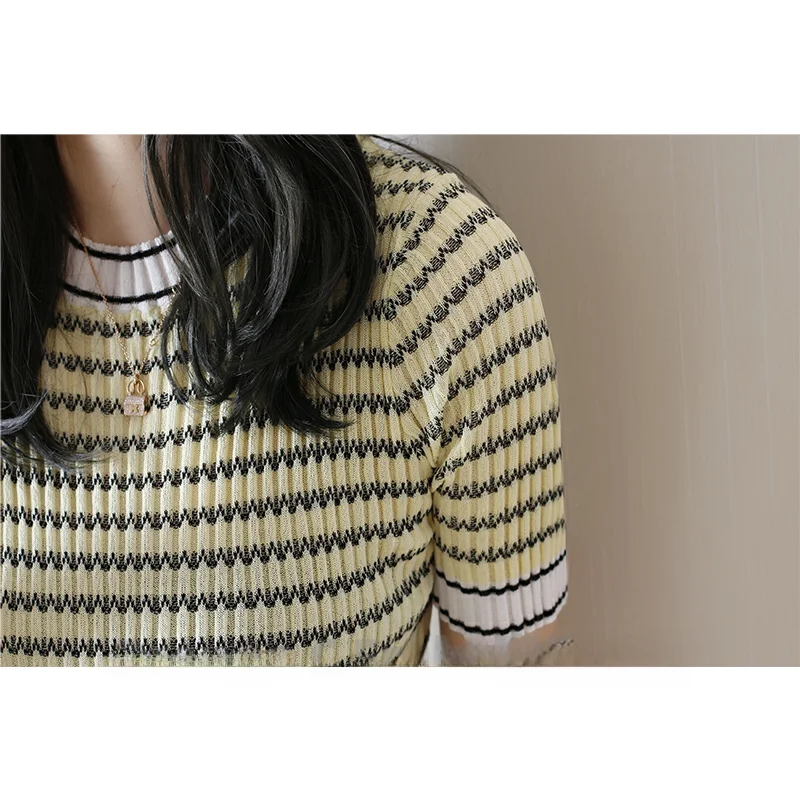 Faionable tricoté coupe ajustée rond Ne T-irt avec motif tapisserie ort Sve femmes haut d'été Quali comptoir marchandises