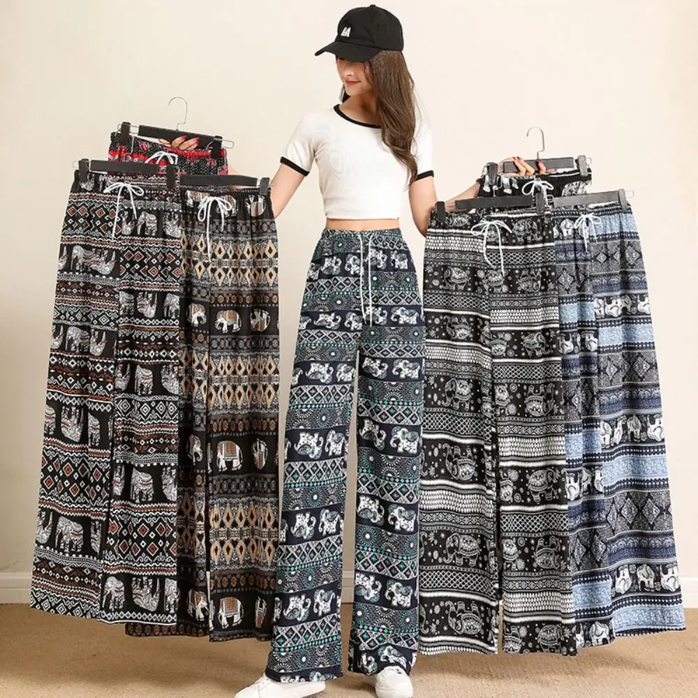 

Colorful Thai Elephant Printed Pants Boho Pattern Comfy Wide Leg Pants for Women Flared Bottom High Waist Women's Harem Pants
