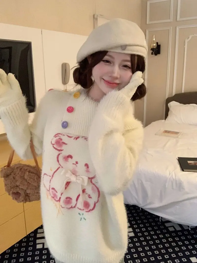 Super Soft Plush Winter Sweater Coat for Girls Cute Rabbit Y2K Printed Lapel Turtleneck Thicken Pullover Women Kawaii Clothes