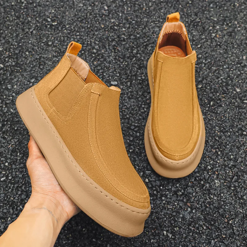 

men's fashion cowboy desert boots slip-on cow suede leather shoes flats platform chelsea boot spring autumn handsome ankle botas