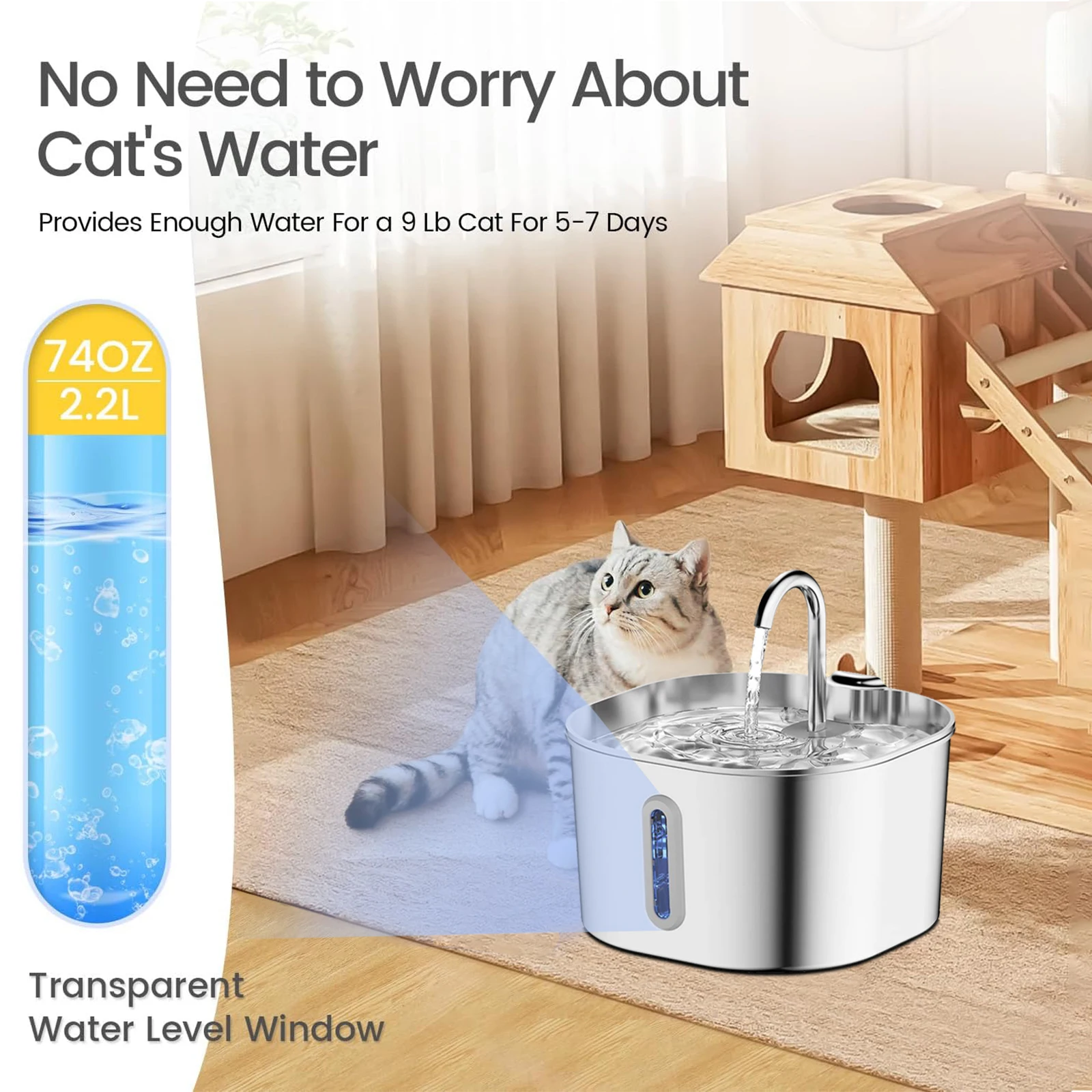 Edelstahl Katzen-Trinkbrunnen 2,2l Ultra-Leiser Haustier-Wasserbrunnen mit Filter Sichtfenster Wasserstandsanzeige LED-Licht – Detail 5