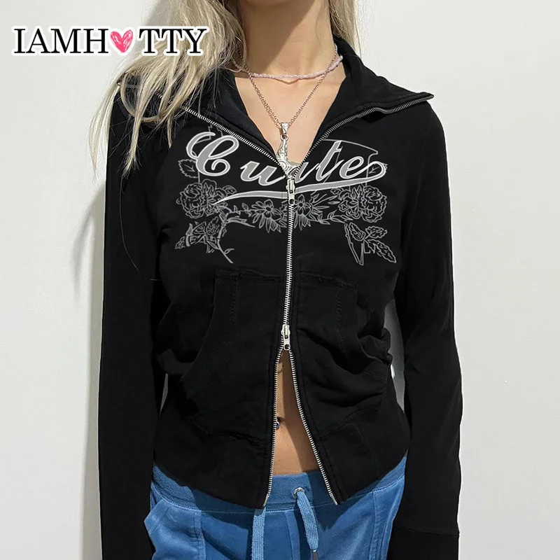 IAMHOTTY Gothic Printed Double Zipper Sweatshirts Black Sporty Chic Turtleneck Cardigan Autumn Grunge Jacket Ladies Coats Slim