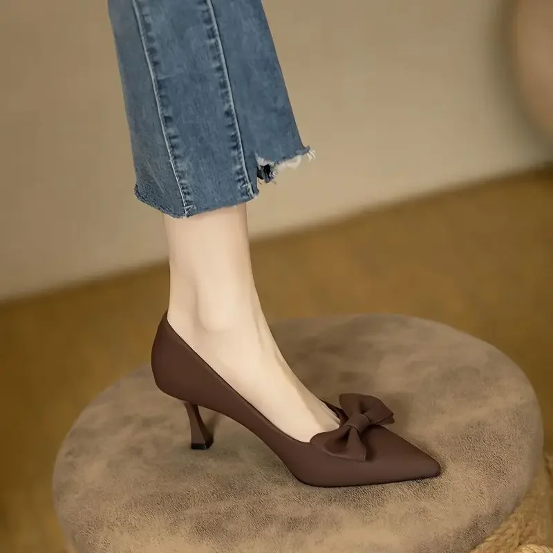 Office Pumps Pointed Toe Shoes for Women Brown on Heeled Woman Footwear Normal Leather Casual with Bow High Heels Thin Offer Y2k