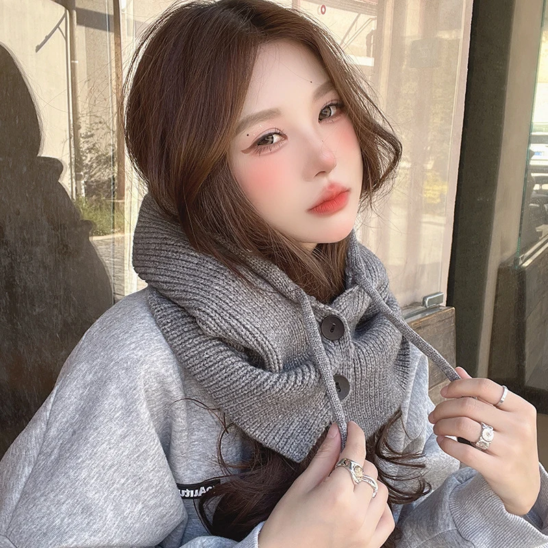 Fashion Knitted Wool Hooded Wearable Blanket Ladies Collar Set Of Warm Baseball Cap Solid Color One-piece Pullover Hat