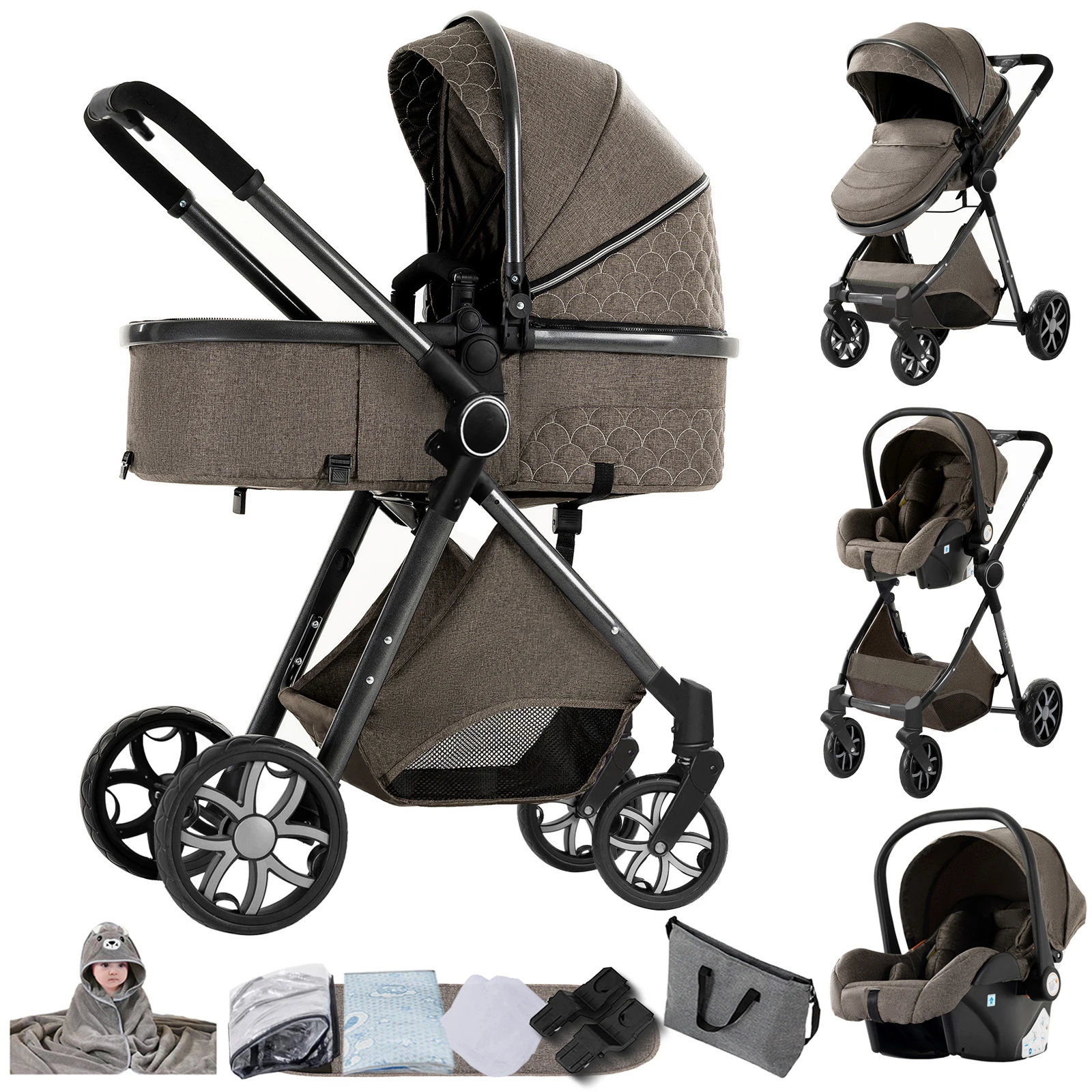 Magic ZC 3-in-1 Baby Reiswiegensysteem, Compacte Opvouwbare Kinderwagen met Reiswieg, Babyautostoeltje en Omkeerbare Zitting, Hoge Landschapswagen, Schokdemperwielen, Verstelbaar Handvat, Eénhands