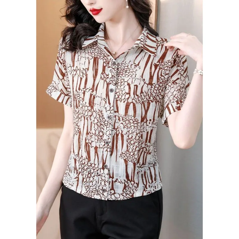 2024 Summer New Women\'s Blouse Polo-Neck Button Printed Ventilate Fashion Elegant Loose Commute Shirt Short Sleeve Casual Tops