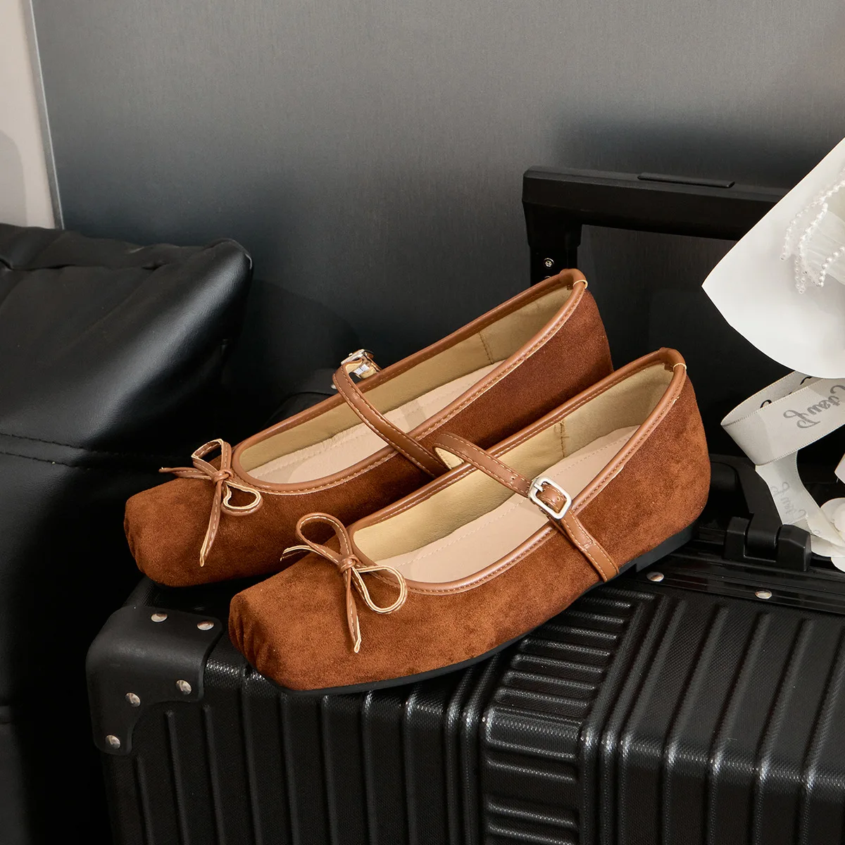 

Fashion Square Head Bow-knot Women Shoes Buckle Strap Ballet Flats Solid Cover Heel Mary Janes Outdoor Zapatos Mujer