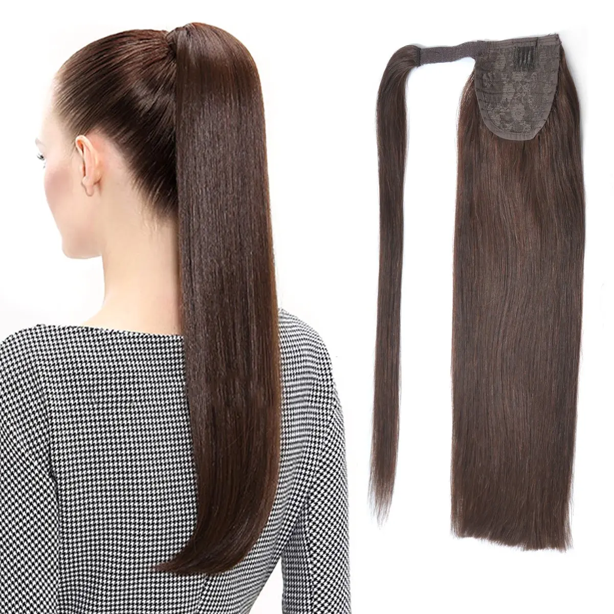 

Straight Human Hair Ponytail Extensions Wrap Around Clip In Ponytail Extensions For Women Hair 12-28 Inch Magic Paste Ponytail