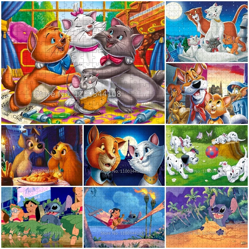 Disney Anime Jigsaw Puzzles The Aristocats Lady and The Tramp Lilo Stitch Cardpaper Wooden Puzzles for Adult Decompression Toys