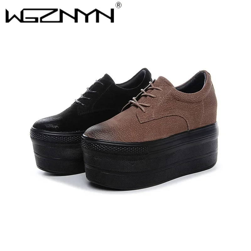 

NEW Luxury Genuine Leather Women Vulcanized Shoes 10.5cm Platform Wedge High Heels Boots Lace Up Sneakers Increase Casual Shoes