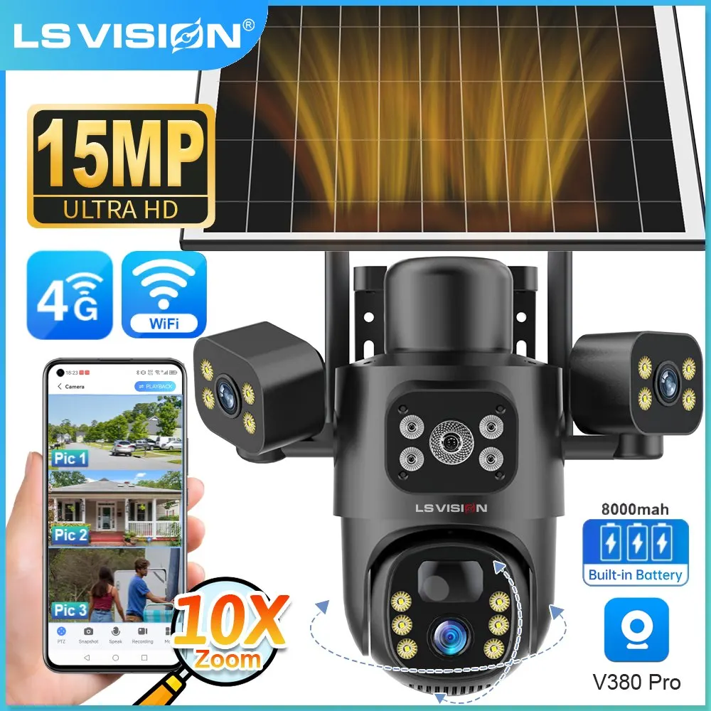 

LS VISION 15MP 3-Screens Solar Outdoor Surveillance Camera 4G Wifi 10X Zoom PIR Detect Waterproof CCTV Battery Cameras V380 Pro
