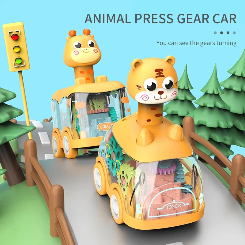 Children press transparent gear car inertia early education puzzle grip training toy car with light children's gift
