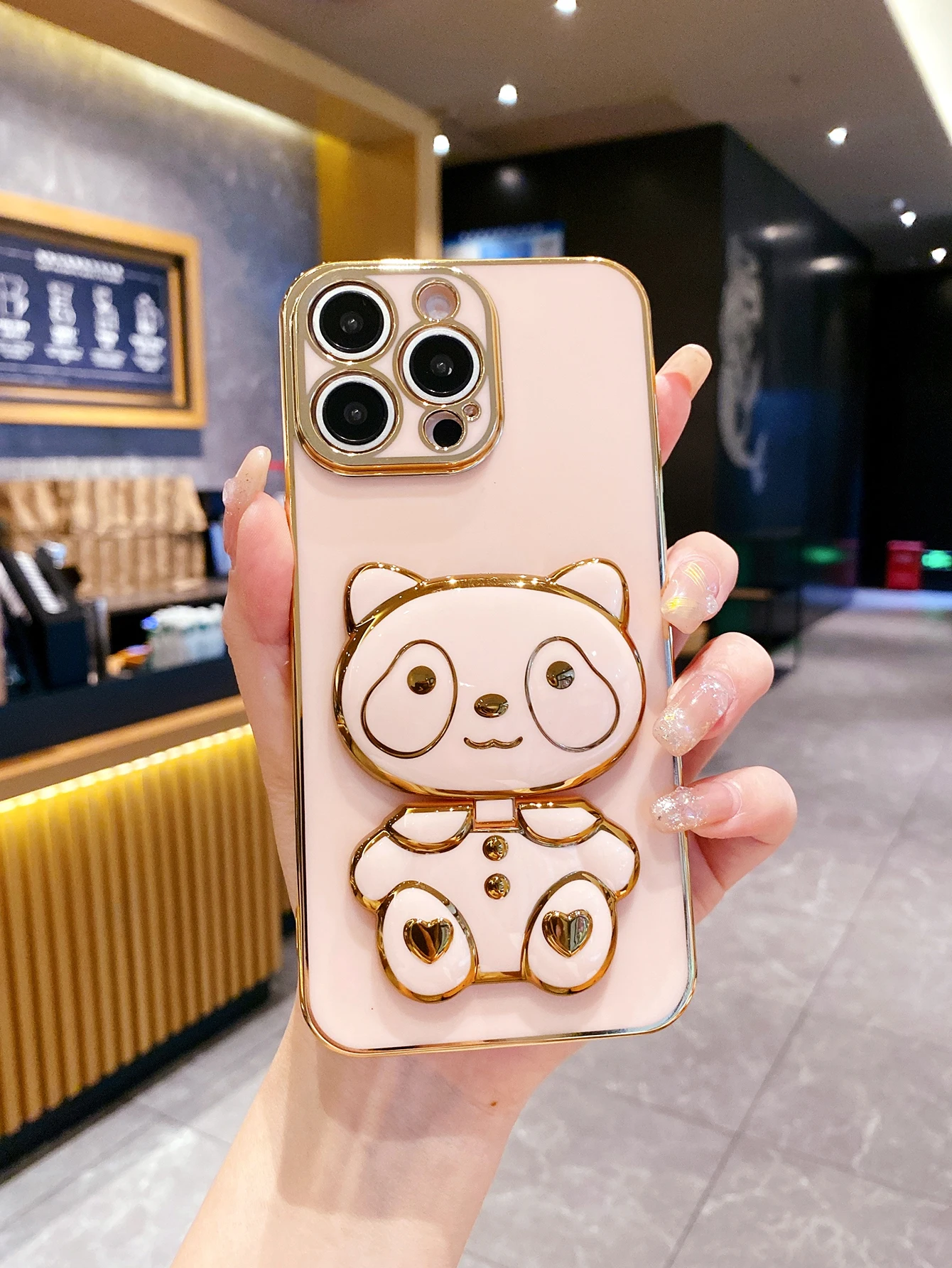럭셔리 도금 팬더 거울 홀더 폰 케이스 아이폰 17 16 15 14 플러스 13 12 미니 11 프로 맥스 X XS XR 7 8 SE2 SE3 백 커버