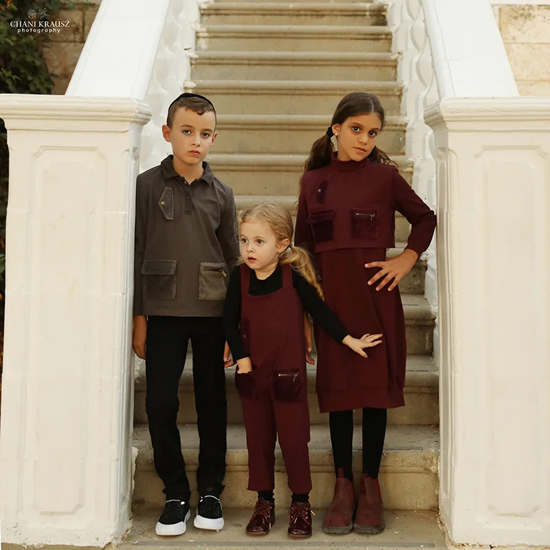 Family Clothes Pockets Winter Design Kids Set Girls Dress Vest Boys Top baby Romper Autumn Long Sleeves Metal Ziper Pockets