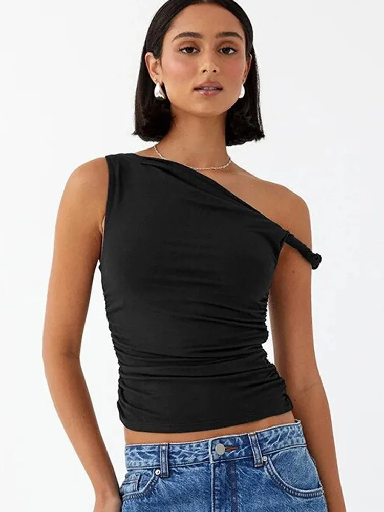 Nova moda sexy sem mangas camisetas femininas chique gola inclinada mulher regata senhora do escritório verão colete fino y2k roupas elegantes