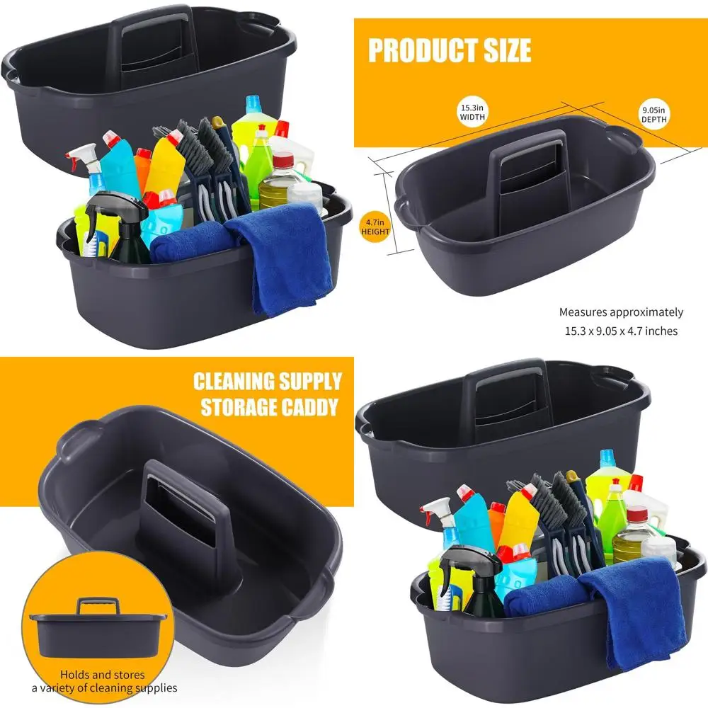 

Gray Dual-Compartment Cleaning Supply Caddy with Handle - Portable Plastic Storage Organizer for Home Use