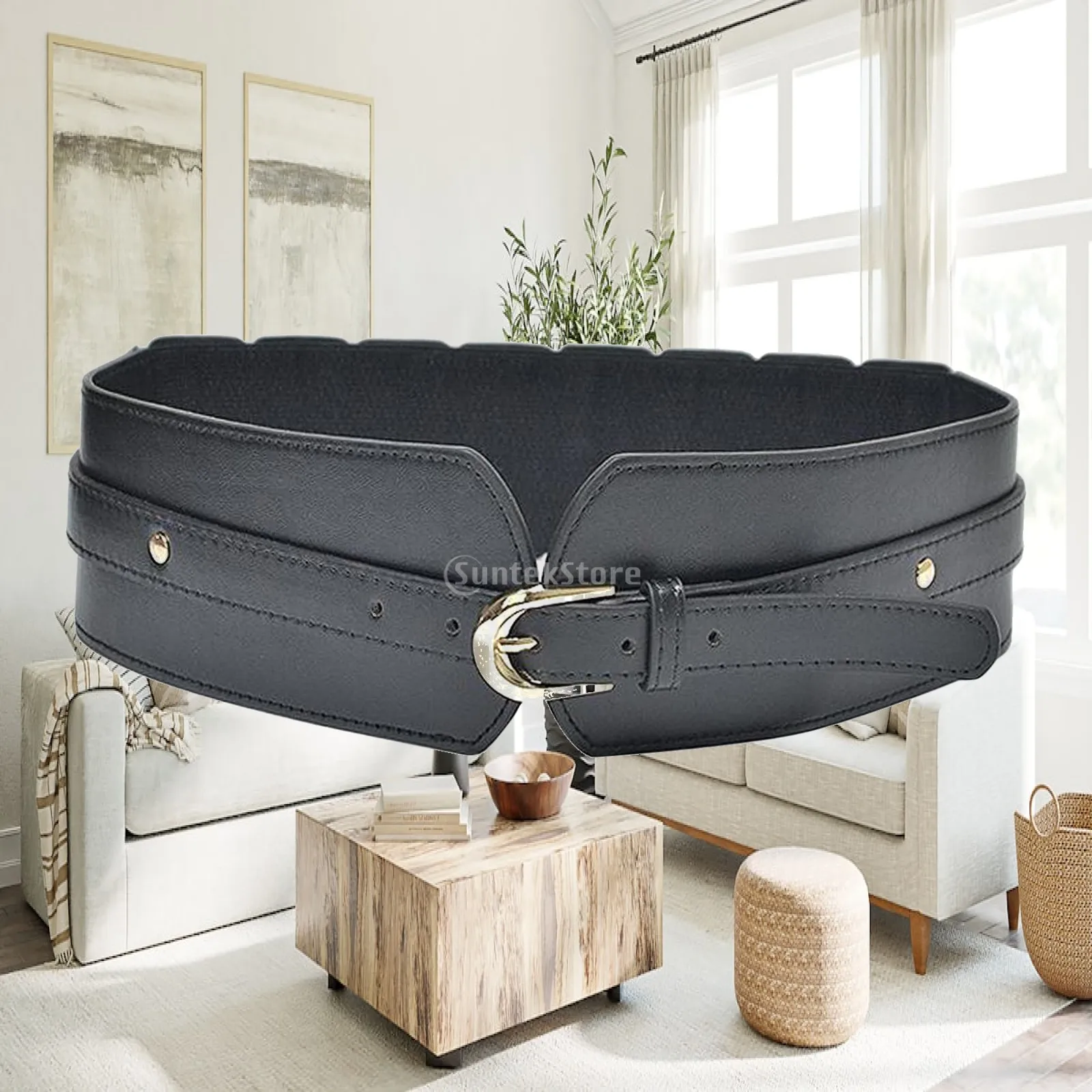 Ladies Vintage Wide Waist Belt Artificial Leather Adjustable Buckle Hip Cinch Belt for Casual or Formal Wear