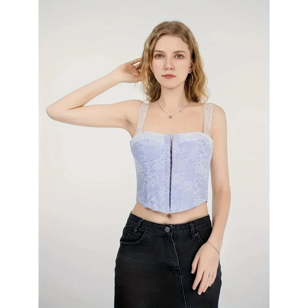 

Фиолетовый кружевной корсет с лямкой на шее для женщин, сексуальный бюстье спереди, топ со шнуровкой, подушка на груди, коррекция фигуры