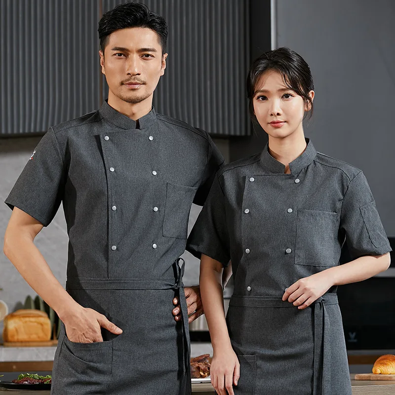 Uniforme de trabajo de cocina para restaurante de Hotel, chaqueta de Chef de manga corta, abrigo de cocina blanco de verano para Chef de pastelería y panadería