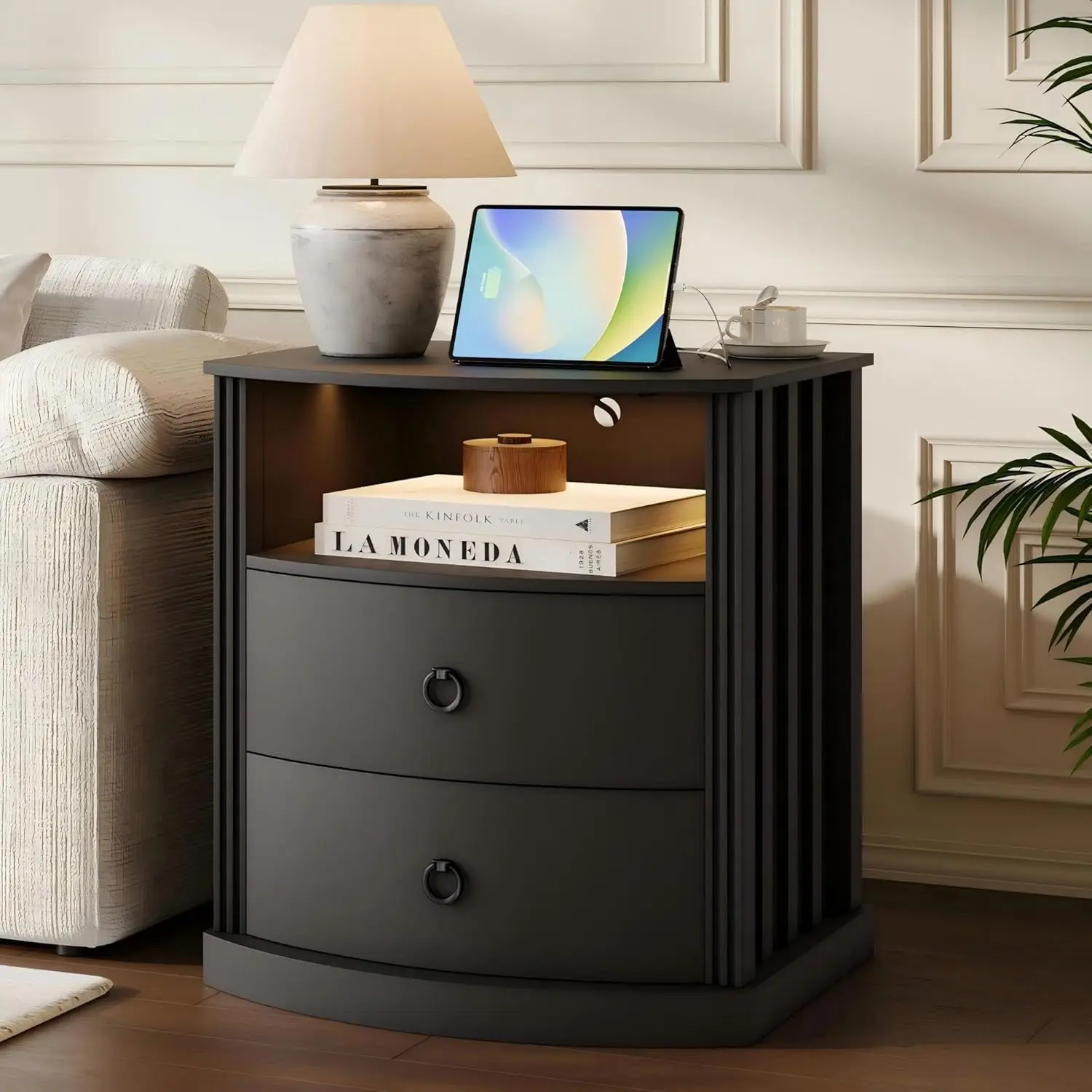 

Black Nightstand With Charging Station And LED Lights, Large Bedside Table With 2 Curved Drawers, Open Shelf And, Customized