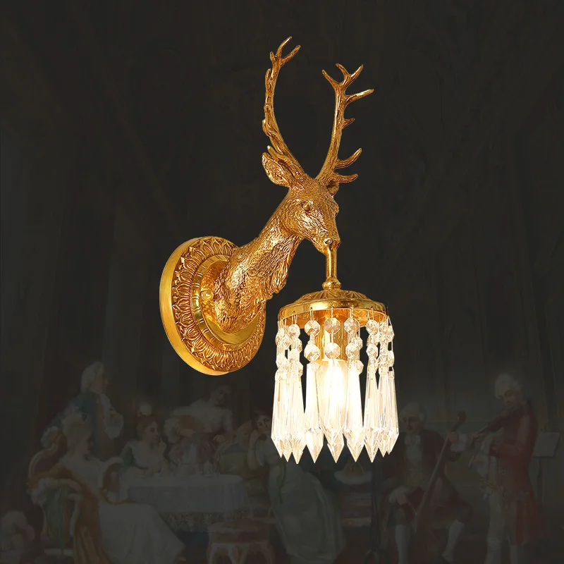 French Crystal Villa Entrance Hallway Balcony Wall Lamp Bedroom Luxury Cloakroom  Brass Deer Head Crystal Small Wall Light