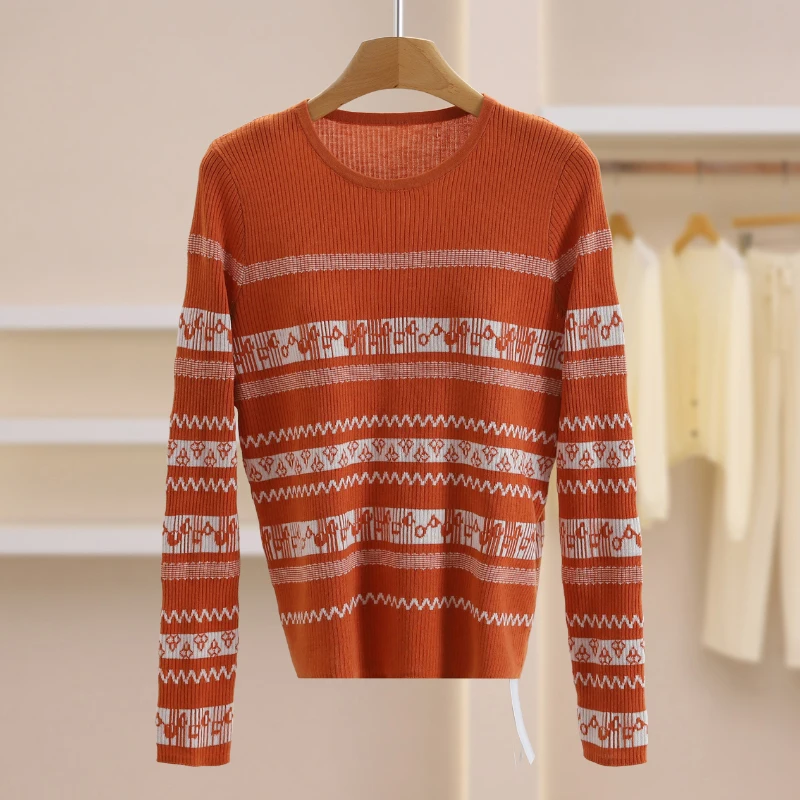 Faionable Knitted Base Layer Top round Ne Striped Embroidery Women's Winter Clothing Breathable Comfortable Long Sve S...