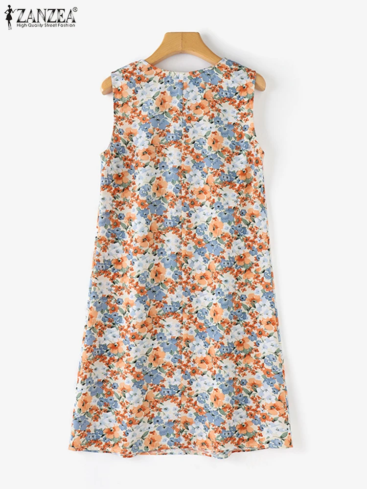 ZANZEA Casual Female Knee Robe Korean Fashion Tank Dress Vintage Women V-neck Sundress 2024 Summer Holiday Sleeveless Vestidos