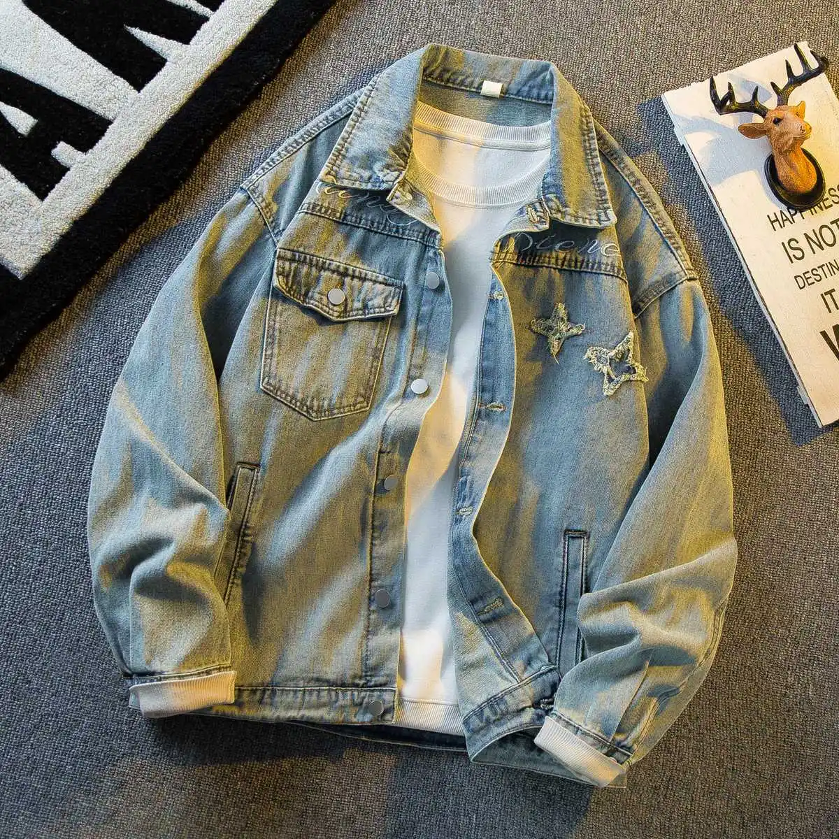 

Men's clothing patch embroidery design feeling denim jacket men's spring trendy brand high street handsome lapel casual jacket