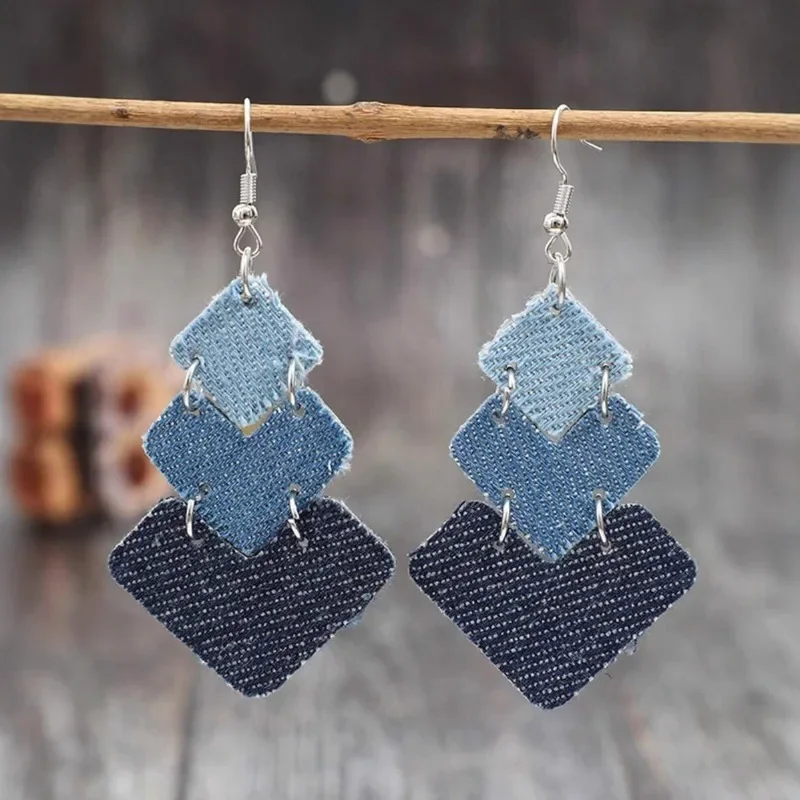 New gradual change of color retro denim style pendant earrings western bohemian fashion love splicing earrings