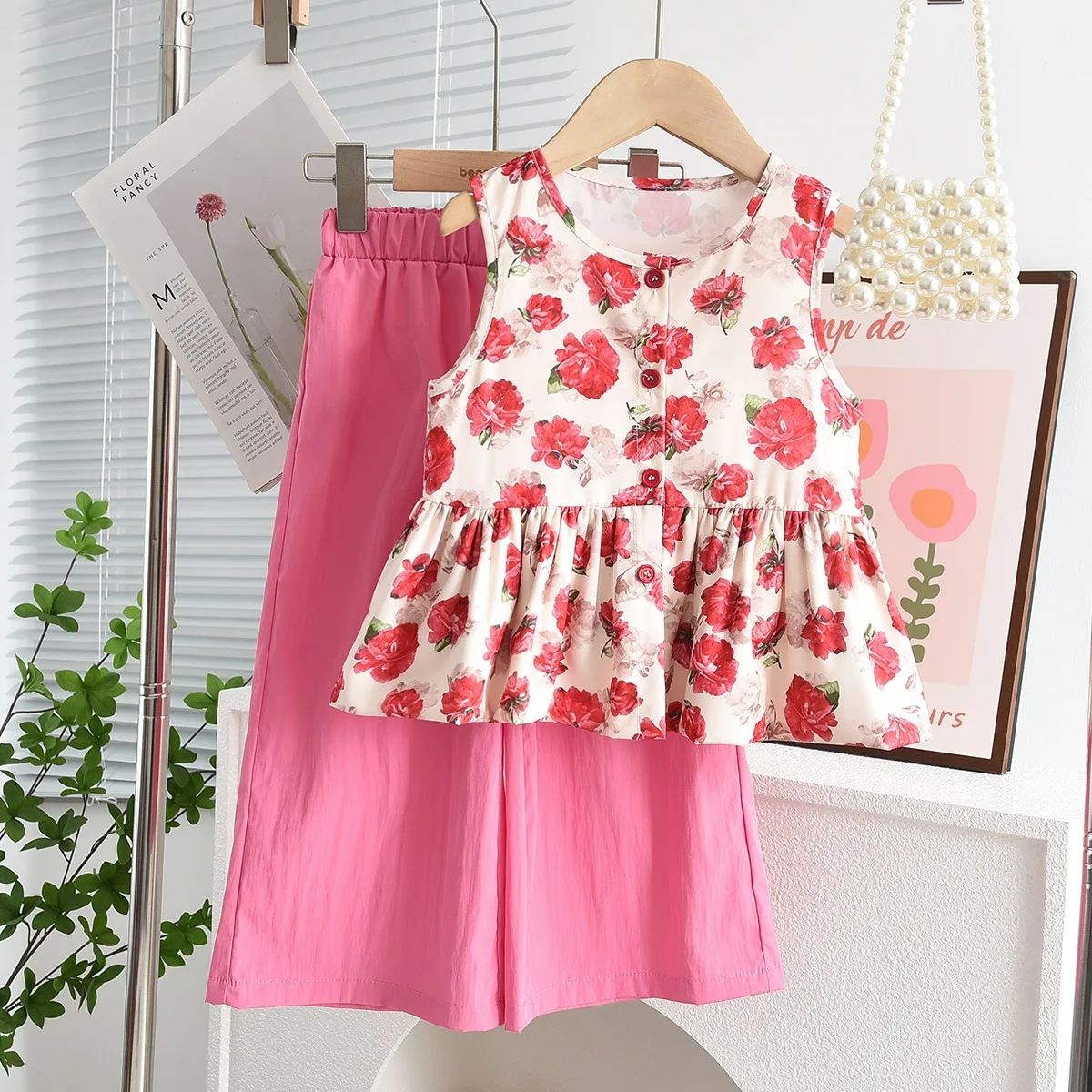 

2 Piece Set Girls' Vest Summer New Style Children's Summer Floral Casual for Girls' Baby Vacation Suit