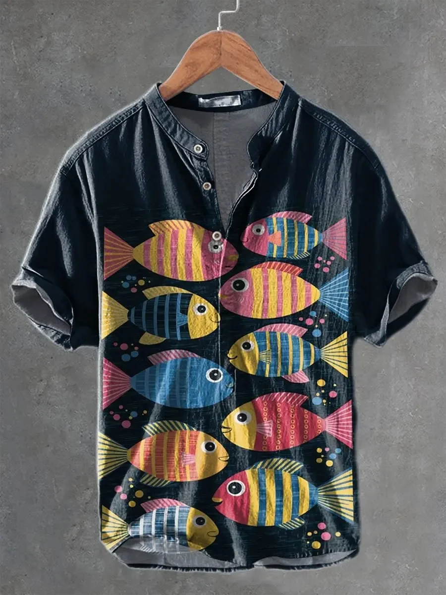 New retro watercolor octopus print men's short sleeved Henley shirt, artistic and casual style shirt clothing