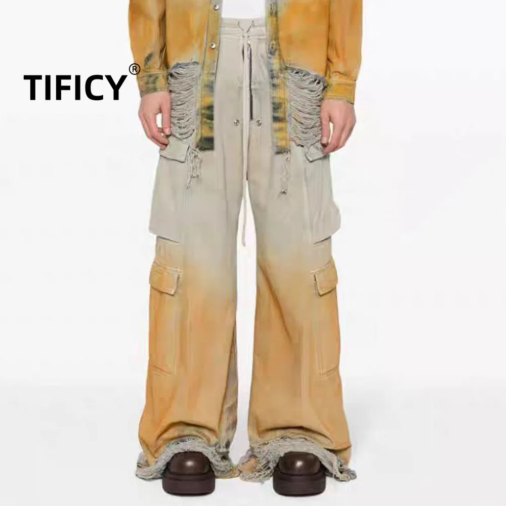 

High Street Dark Ro Style Jeans Pants Men's Blocking Great Destruction Rough Edges Workwear Gradient Color Wide Leg Pants