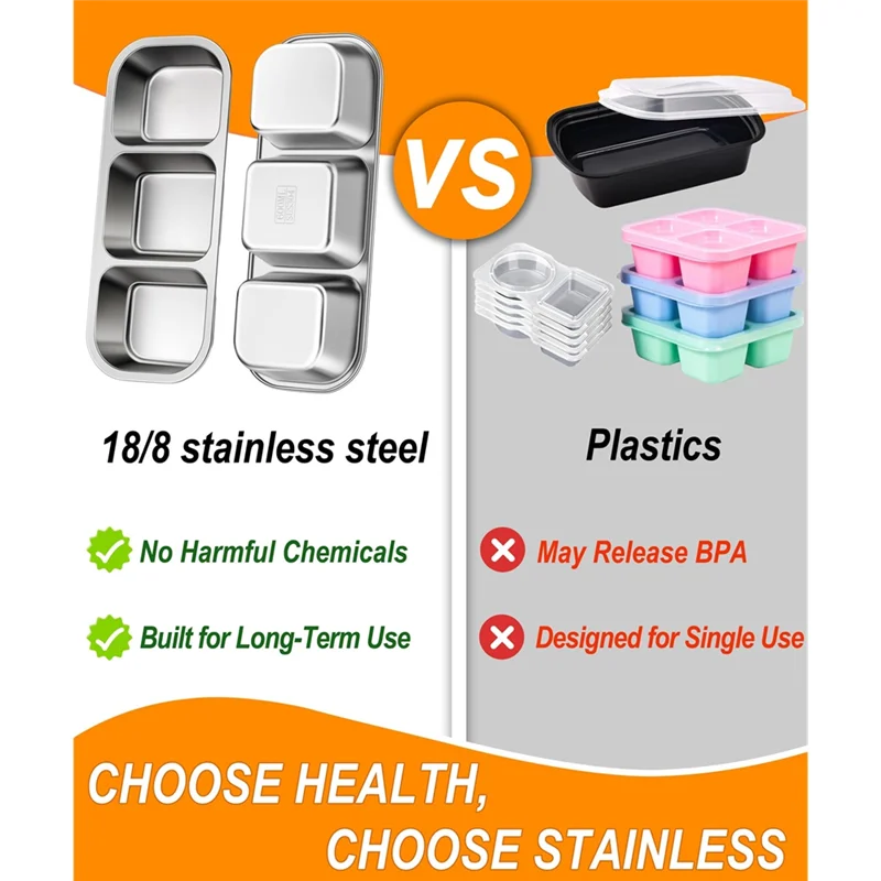 

A7THK-3 Pack Stainless Steel Snack Containers For Kids & Adults With 3 Compartment - Lunchable Containers For Daycare,School