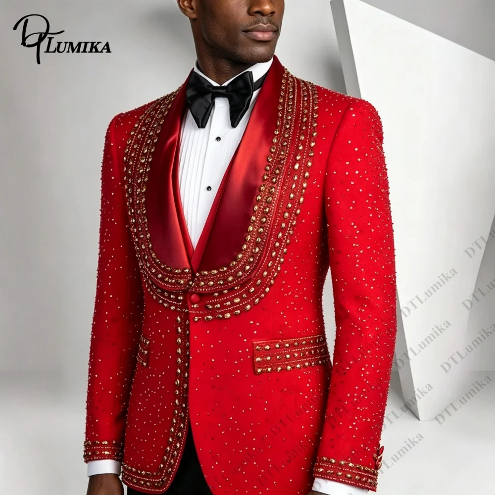 Luxury Beaded Satin Shawl Lapel Men 3 Piece Suit Blazer Vest  Pants Mens Groom Wedding Prom Pageant Tailored Formal Outfit