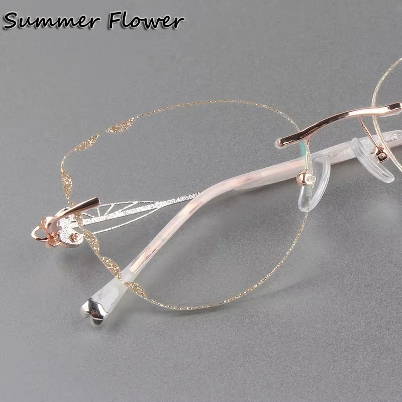 

Prescription Glasses Cat Eye Titanium Women Eyewear Glitter Edge Rimless Spectacle Butterfly Frames Progressive Myopia Lens
