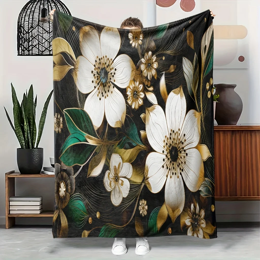 1pc Black blanket with gold and white floral pattern, polyester fabric, machine washable, suitable for bedroom and living room