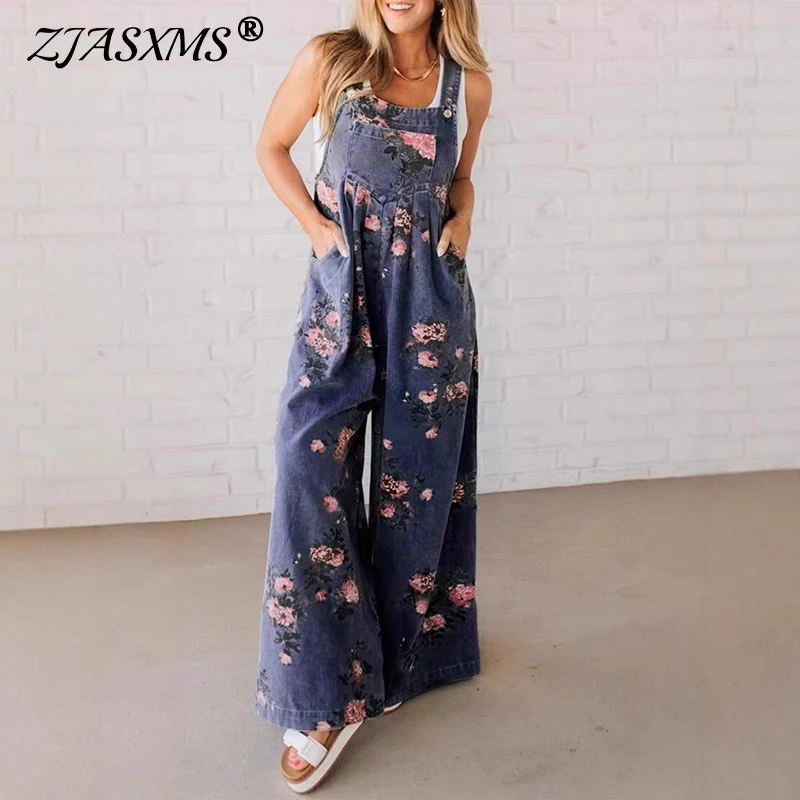

Summer Loose Long Vintage Jean Jumpsuits Casual Button Printed Strap Denim Playsuit Chic Hollow Sleeveless Vintage Rompers Women