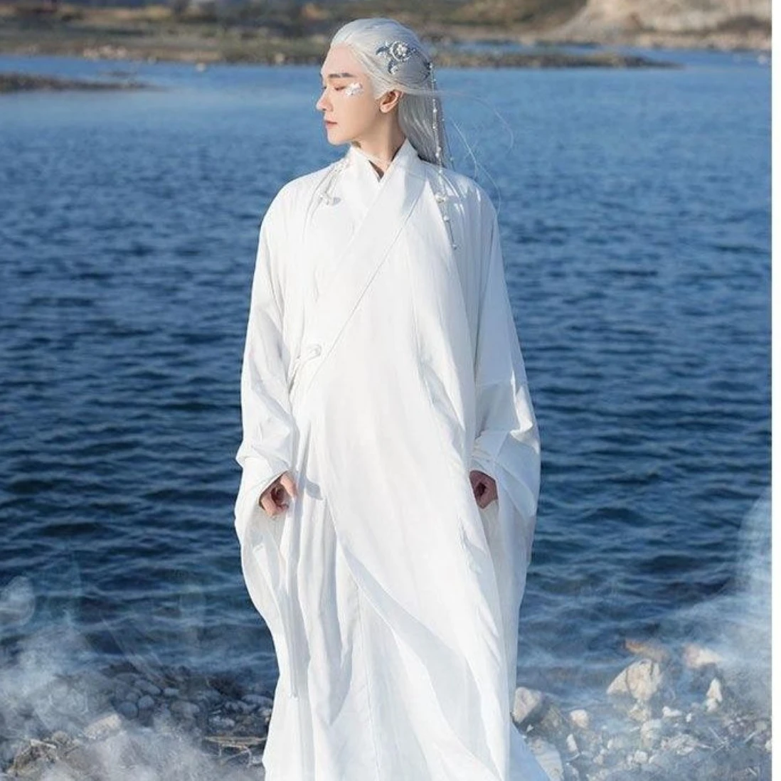 Authentic Chinese Style Ming Dynasty Hanfu, White Round Collar Robe with Zhidao Lining, Taoist Inner Undershirt Clothing