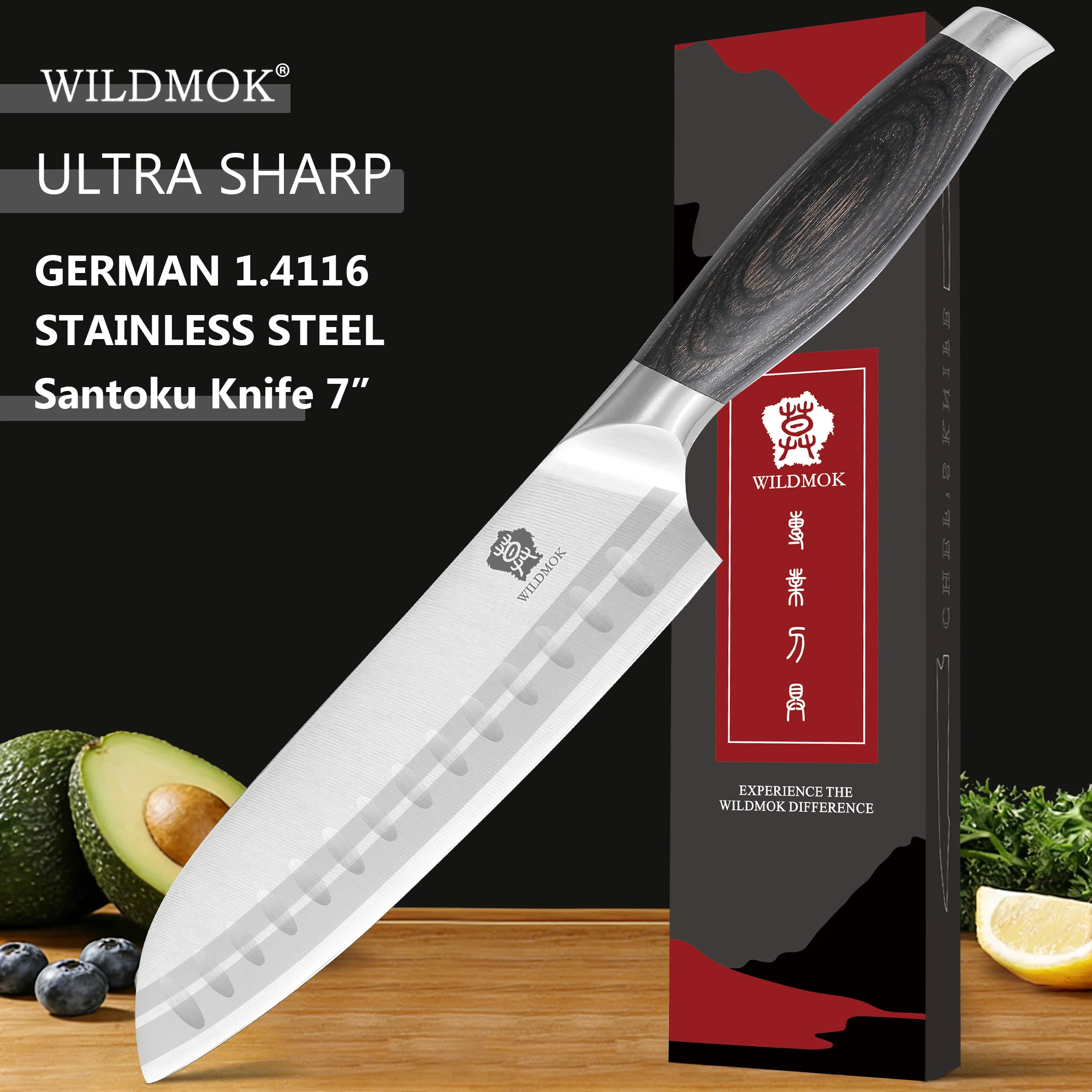 WILDMOK 7 Inch Santoku Chef Knife, Ultra Sharp German Stainless Steel Kitchen Cleaver Knife with Pakkawood Handle